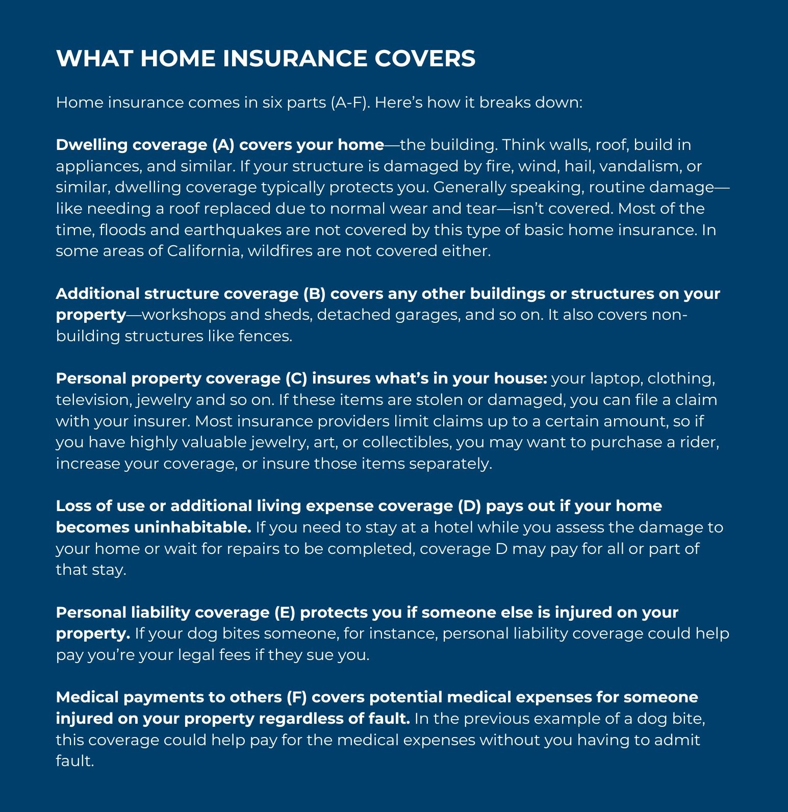 Text box including the following text: WHAT HOME INSURANCE COVERS Home insurance comes in six parts (A-F). Here’s how it breaks down: Dwelling coverage (A) covers your home—the building. Think walls, roof, build in appliances, and similar. If your structure is damaged by fire, wind, hail, vandalism, or similar, dwelling coverage typically protects you. Generally speaking, routine damage—like needing a roof replaced due to normal wear and tear—isn’t covered. Most of the time, floods and earthquakes are not covered by this type of basic home insurance. In some areas of California, wildfires are not covered either. Additional structure coverage (B) covers any other buildings or structures on your property—workshops and sheds, detached garages, and so on. It also covers non-building structures like fences. Personal property coverage (C) insures what’s in your house: your laptop, clothing, television, jewelry and so on. If these items are stolen or damaged, you can file a claim with your insurer. Most insurance providers limit claims up to a certain amount, so if you have highly valuable jewelry, art, or collectibles, you may want to purchase a rider, increase your coverage, or insure those items separately. Loss of use or additional living expense coverage (D) pays out if your home becomes uninhabitable. If you need to stay at a hotel while you assess the damage to your home or wait for repairs to be completed, coverage D may pay for all or part of that stay. Personal liability coverage (E) protects you if someone else is injured on your property. If your dog bites someone, for instance, personal liability coverage could help pay you’re your legal fees if they sue you. Medical payments to others (F) covers potential medical expenses for someone injured on your property regardless of fault. In the previous example of a dog bite, this coverage could help pay for the medical expenses without you having to admit fault.
